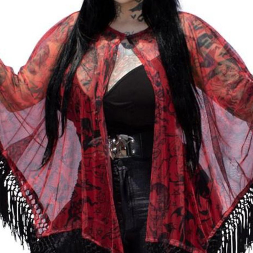 New Devil Print Red Mesh Fringed Cape Shawl Cover Up 2-4XL - Picture 2 of 2